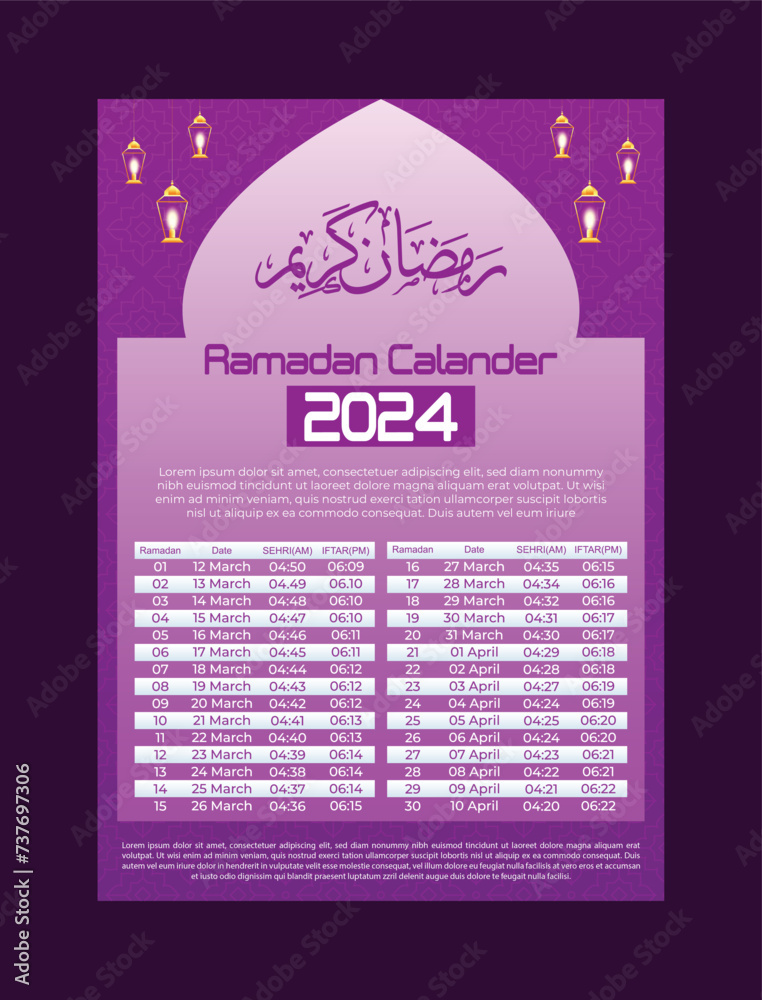 Ramadan Kareem Islamic calendar template and sehri ifter time schedule