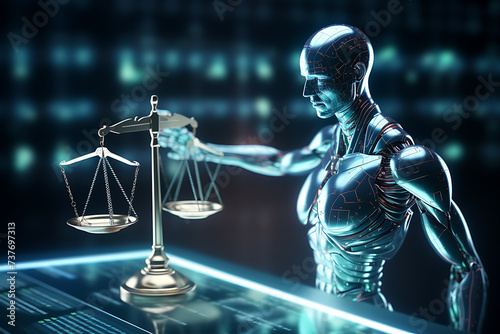 Robot and scales of justice. The concept of law and justice. 3d rendering