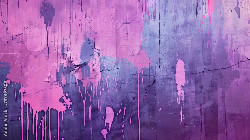 Fototapeta premium Messy paint strokes and smudges on an old painted wall background. Abstract wall surface with part of graffiti. Purple and pink drips, flows, streaks of paint and paint sprays