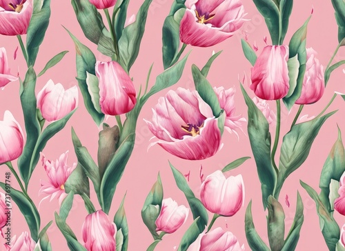 Seamless pattern with tulips and leaves