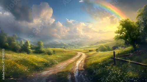 A beautiful landscape scene with a colorful rainbow arcing across a lush green field under a bright blue sky