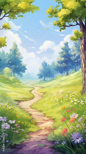 Hand drawn cartoon spring meadow path scenery watercolor illustration 