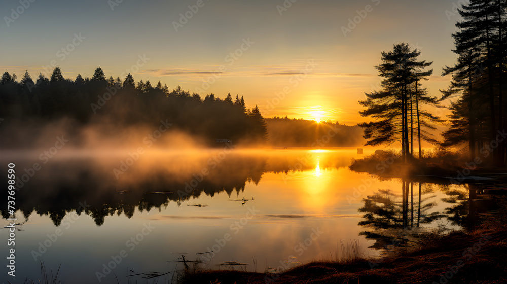 Misty Dawn: Serenity And Tranquility Reflected In The Mirroring Lake