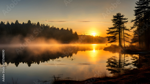 Misty Dawn: Serenity And Tranquility Reflected In The Mirroring Lake