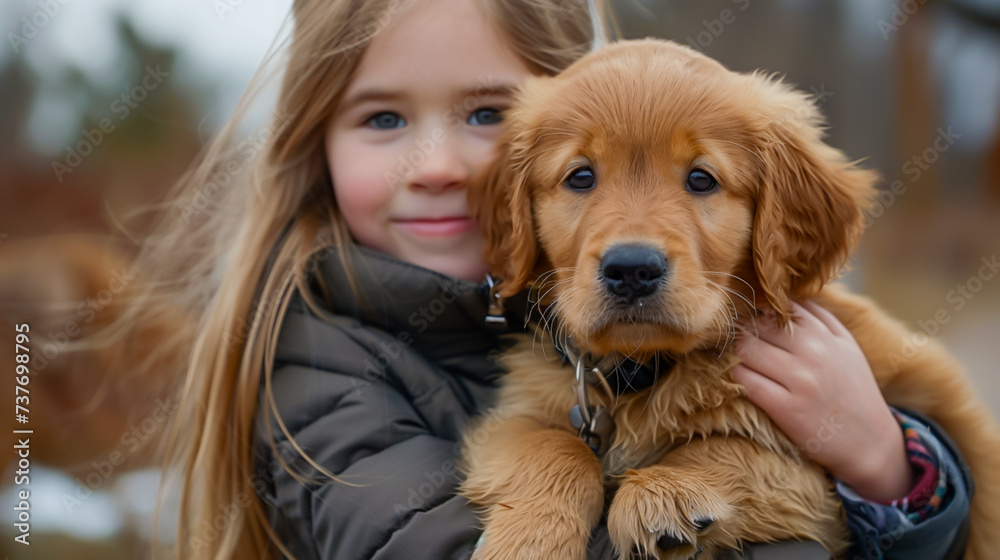 A young girl cuddling her fluffy golden retriever puppy. 