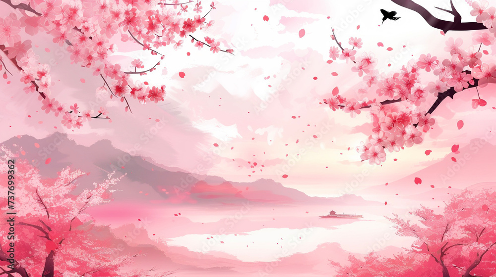 桜の花と湖の風景の水彩画 Generative AI 桜の花と湖の風景の水彩画 Generative AI