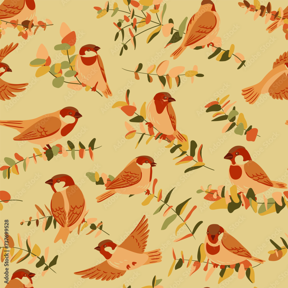 Fototapeta premium vector seamless pattern with drawing birds and tree branches with leaves, hand drawn sparrows, natural cover design