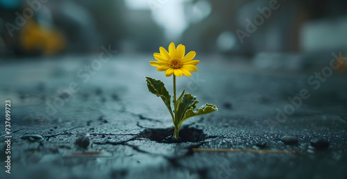 A small flower breaking through the asphalt, symbolizing hope and rebirth. A concept of urban resilience and natural beauty.