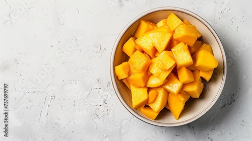 A bowl filled with luscious mango chunks against a simple white background photo
