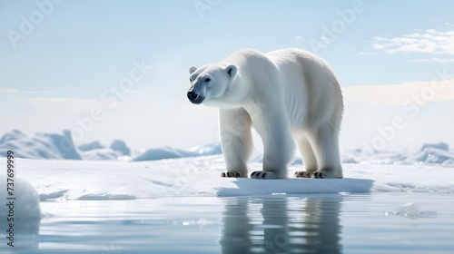 A solitary polar bear, master of the icy Arctic, treks across snow-covered plains. Generative AI