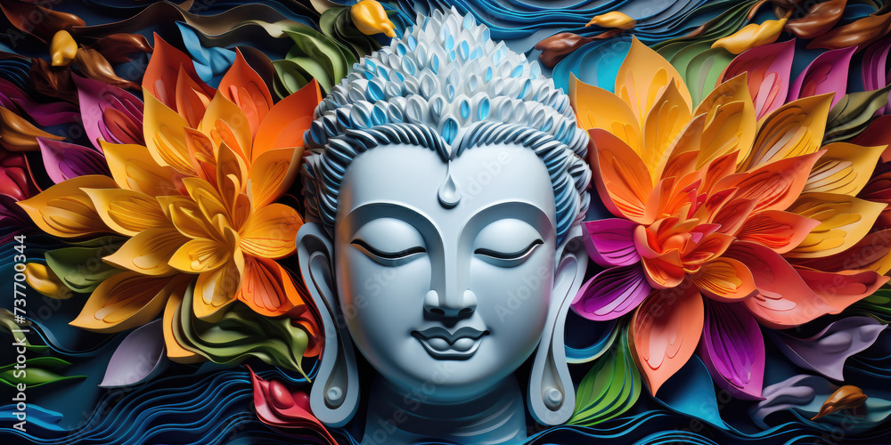 glowing colorful light silver buddha face, colorful lotus flowers and leaves, nature background