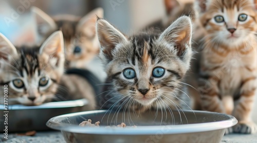 Adorable Kittens with Mesmerizing Blue Eyes Gathered Around a Food Bowl. A group of charming cats attentively focuses on camera. Panorama with copy space - generative ai