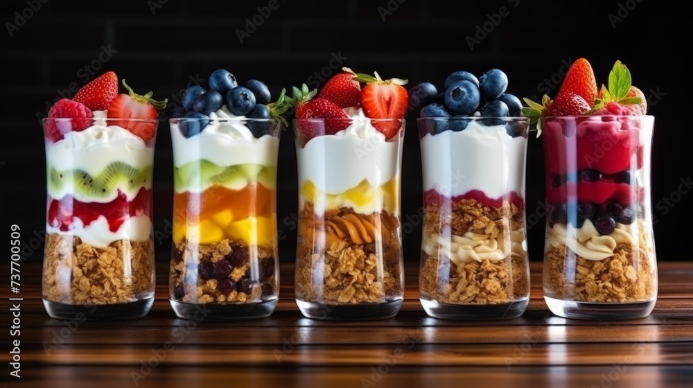 Collection of parfait desserts or snacks in glasses. Neural network AI generated art