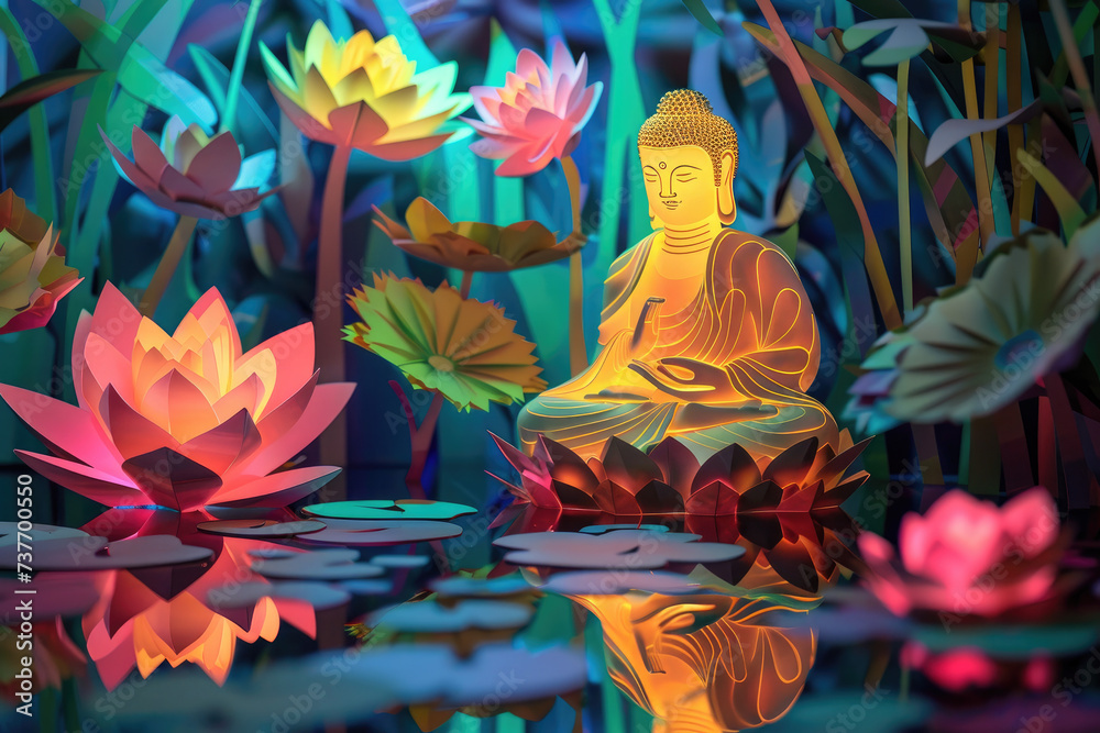 glowing colorful light golden buddha face, colorful lotus flowers and leaves, nature background, paper cut