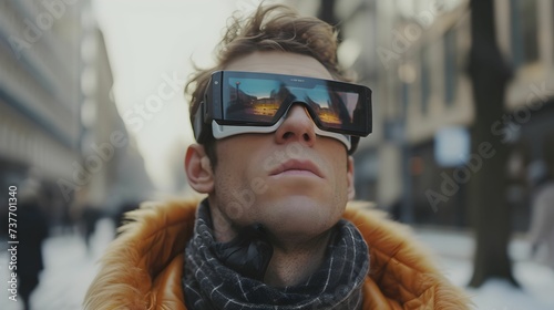 A man wearing a VR goggle walking in the city. Futuristic concept. Generative AI