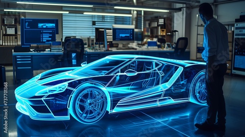 A Hologram of a real size sports car projected image with laser in front of a car designer on a high technology laboratory room. Generative AI