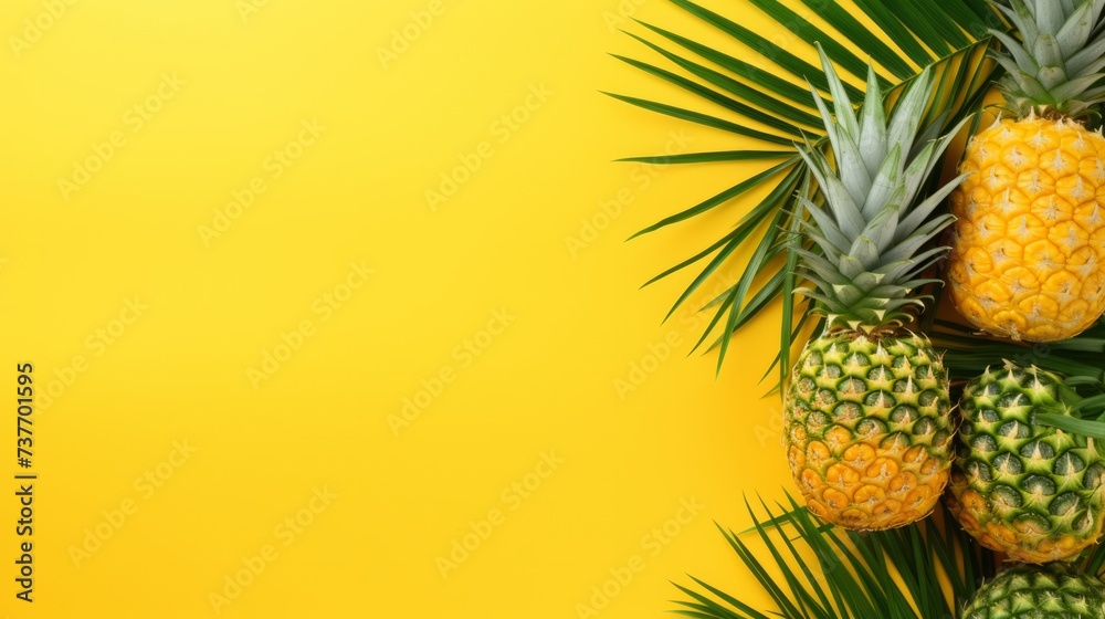 Yellow tropical background with pineapples. Neural network AI generated art