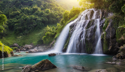 waterfall from the mountains  green forest  bright sunny day in nature  beautiful natural landscape