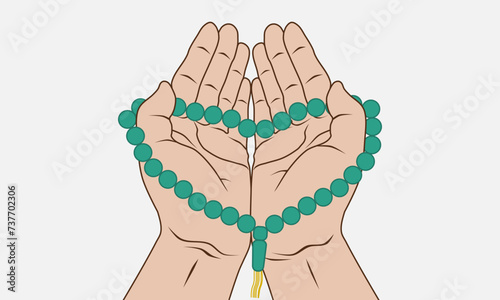 Muslim hands holding prayer beads for dhikr and and pray to god. Vector illustration.