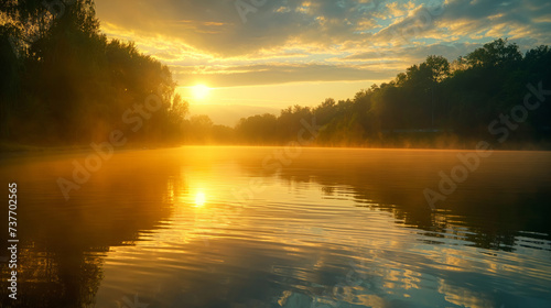 Golden Sunrise Reverie: Reflective Waters and Misty Lake at Dawn