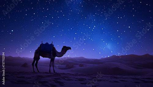 A serene image of a camel under a starlit desert sky  evoking the spirit of Ramadan and Arabian travels.