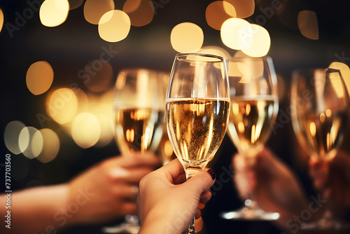 close up of female hands clinking glasses with champagne at christmas party © Creative