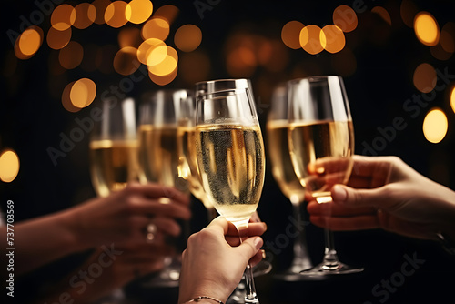 close up of female hands clinking glasses with champagne at christmas party