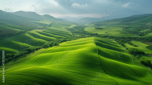 Radiant sunlight bathes the undulating hills of a vast green farmland, highlighting the beauty of the rural landscape.