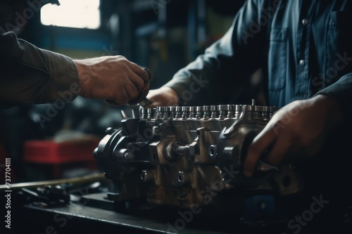 Car engine mechanic doing repairs, in workshop and tooling equipment 