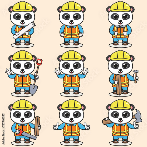 Cute Panda Construction Contractor Illustration. Vector illustration of a cute building foreman Panda. Cute Panda construction worker cartoon. Flat Cartoon Style.