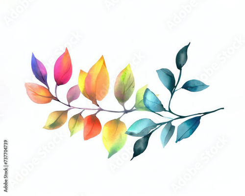 Branch with green leaves  multicolor summer watercolor illustration on white