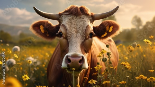 A funny cow looks at the camera in a green meadow with flowers on a sunny summer day. The concept of an organic dairy product.