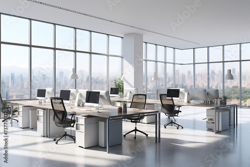 Side view of modern open space office with white walls, tiled floor, rows of computer tables and large windows with blurry cityscape.