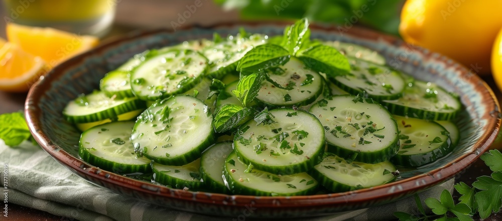 Fresh cucumber salad with herbs on rustic plate Fresh cucumber salad with herbs on rustic plate
