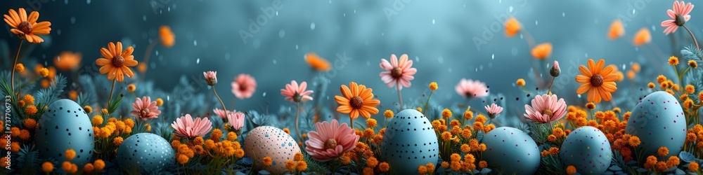 Colorful Easter eggs among vibrant flowers - obrazy, fototapety, plakaty 