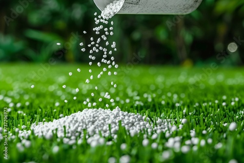 Feeding lawn with granular fertilizer for perfect green grass photo