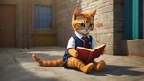 A cat wearing a tunic and bow tie, adorned like a student, sits in front of a school desk with books and a backpack.Cat, Dressed, School, Student, Backpack, Books, Tunic, Bow tie, Desk, Classroom