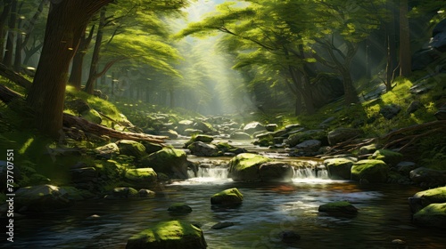  View of a rocky river creek in the middle of the tropical rain forest under lush trees, Crepuscular rays coming through tree.
