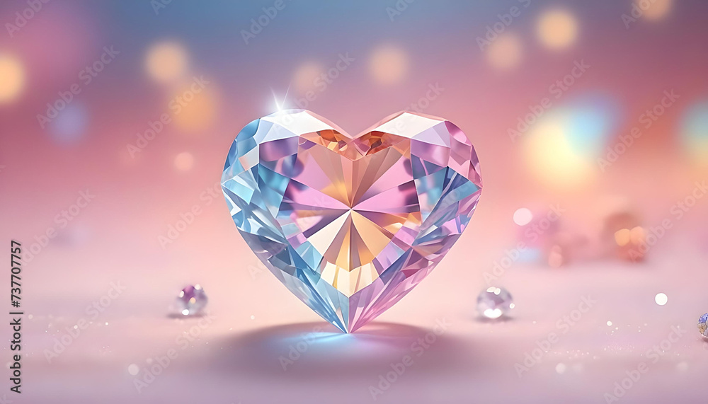 Fototapeta premium Crystal clear heart colorful pastel with blurred bokeh. Valentine background. banner