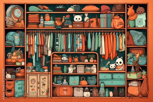 Cartoon cute doodles of a well-organized closet, with characters arranging clothes, shoes, and accessories in a tidy fashion, Generative AI photo