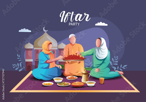 Iftar party greetings group of family with Arabic background. abstract vector illustration design