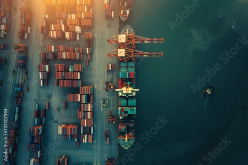 logistics and freight transportation business. container ship truck and cargo plane at port. global shipping, import and export transport industry background
