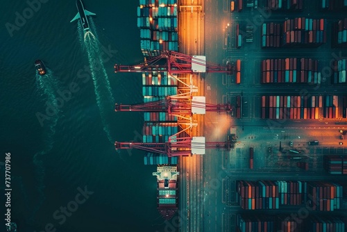 logistics and freight transportation business. container ship truck and cargo plane at port. global shipping, import and export transport industry background