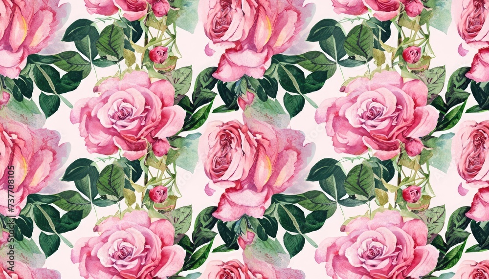 Watercolor seamless pattern with flowers, roses, and leaves