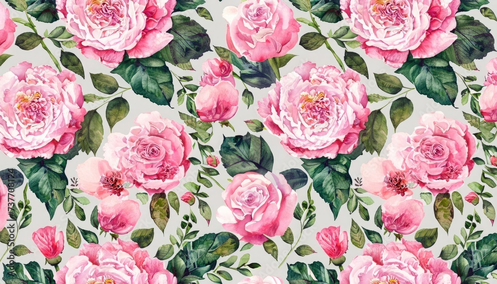 Watercolor seamless pattern with flowers, roses, and leaves