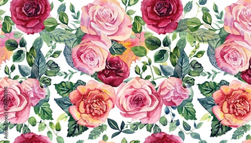 Watercolor seamless pattern with flowers, roses, and leaves © ROKA Creative