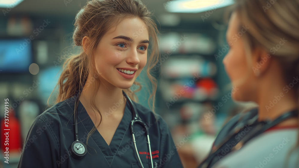 Fototapeta premium A nurse smiling with her stethoscope, in hospital