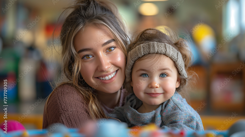 daycare worker gently playing with child, daycare lifestyles