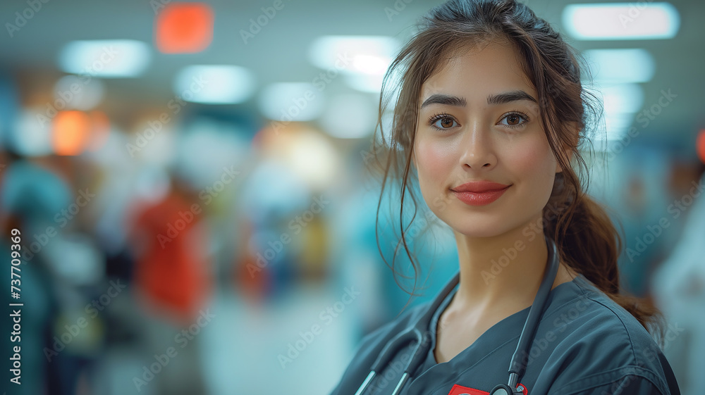 Fototapeta premium A nurse smiling with her stethoscope, in hospital