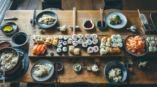 A table with sushi and other food on it. Generative AI.